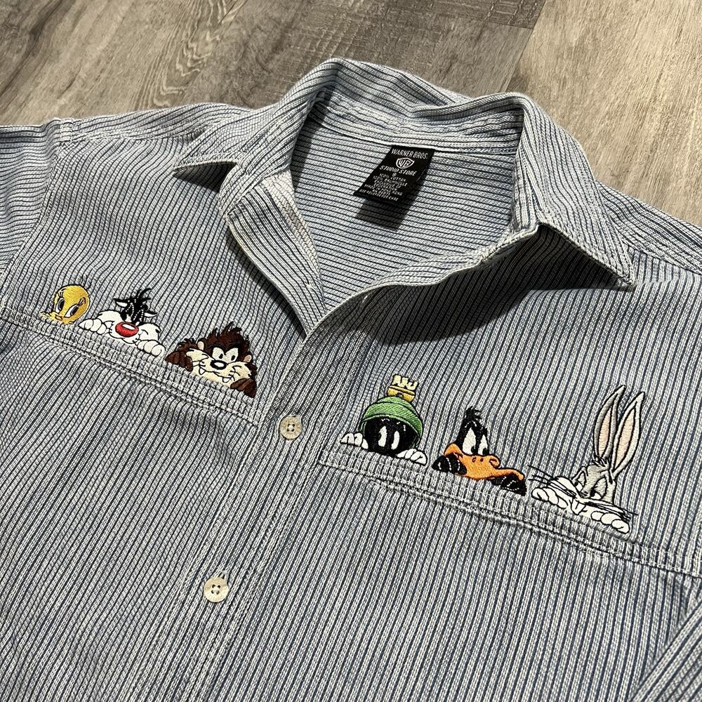 VTG Warner Bros. Studios Store Looney Tunes Hickory Striped Blue Button Shirt S - Picture 3 of 5